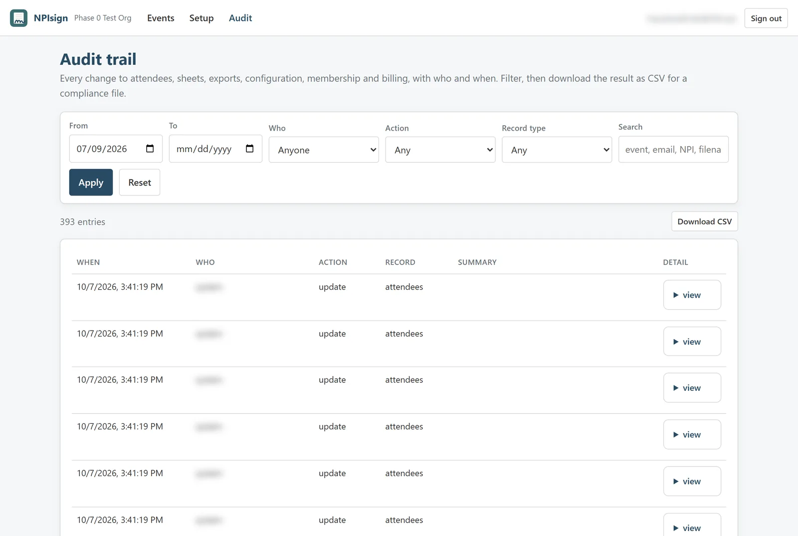 The audit trail: filters by date, person, action and record type, with CSV download